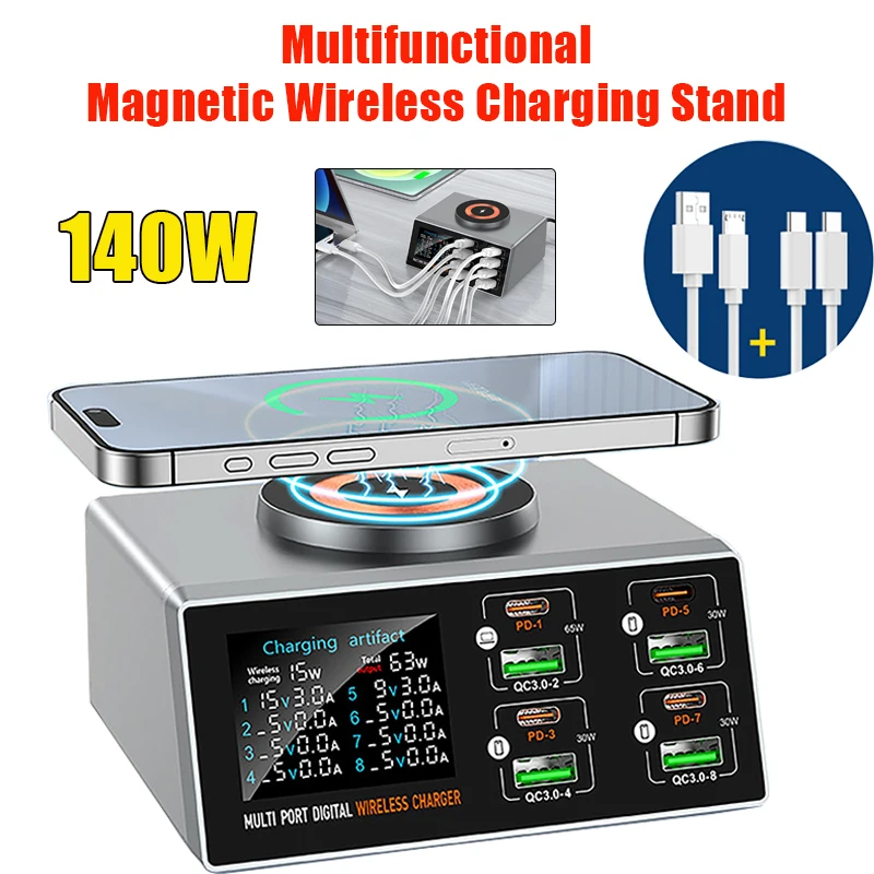 

140W Smart Quick Charger with Digital Display 8-Port USB Fast Charging Station Desktop Magnetic Wireless Charging for Phones