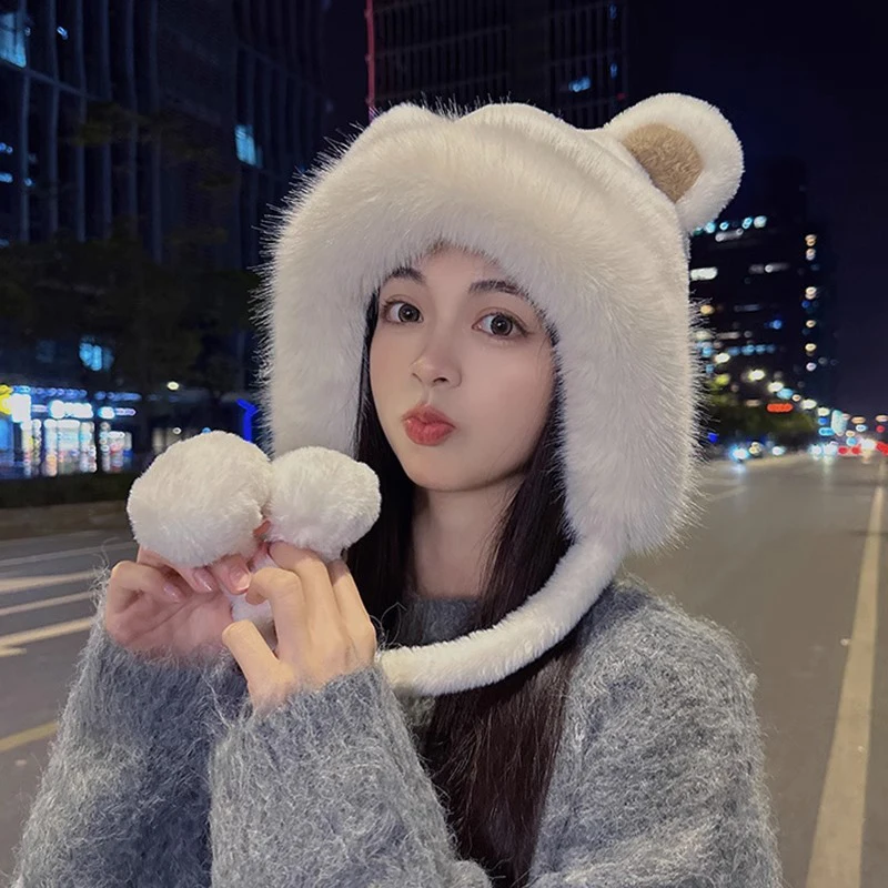 Women Cold Weather Hat Women Plush Hat Soft Fuzzy Women's Plush Hat With Cute Bear Ears Windproof Warm For Autumn