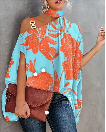 

Летняя рубашка с вырезами 2024, элегантная сексуальная блузка с открытыми плечами, женская рубашка с коротким рукавом и цепочкой на шее, повседневные свободные топы с принтом