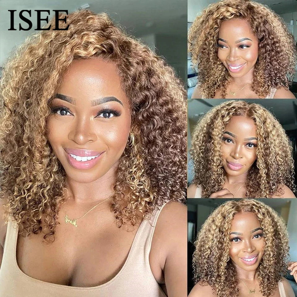 Highlight Deep Curly Human Hair Wigs Glueless HD 6x4 Kinky Curly ISEE Hair Honey Brown Blonde Lace Front Wigs Wear Go