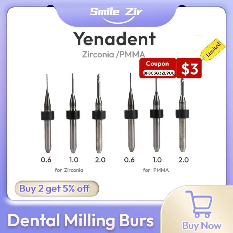 

Yenadent Dental Lab Milling Burs for Zirconia PMMA Lithium Disilicate D4 DC NC Coating Dentisity Materials Grinding Drills
