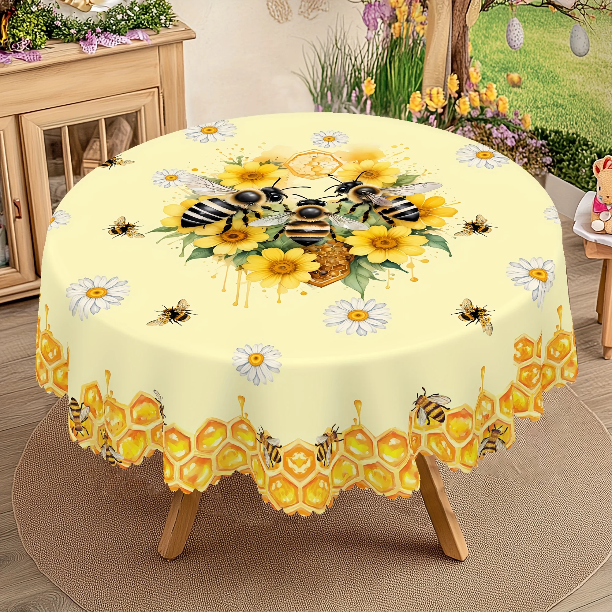1 piece of bee-themed printed tablecloth - spring/summer daisy-shaped honeycomb round tablecloth