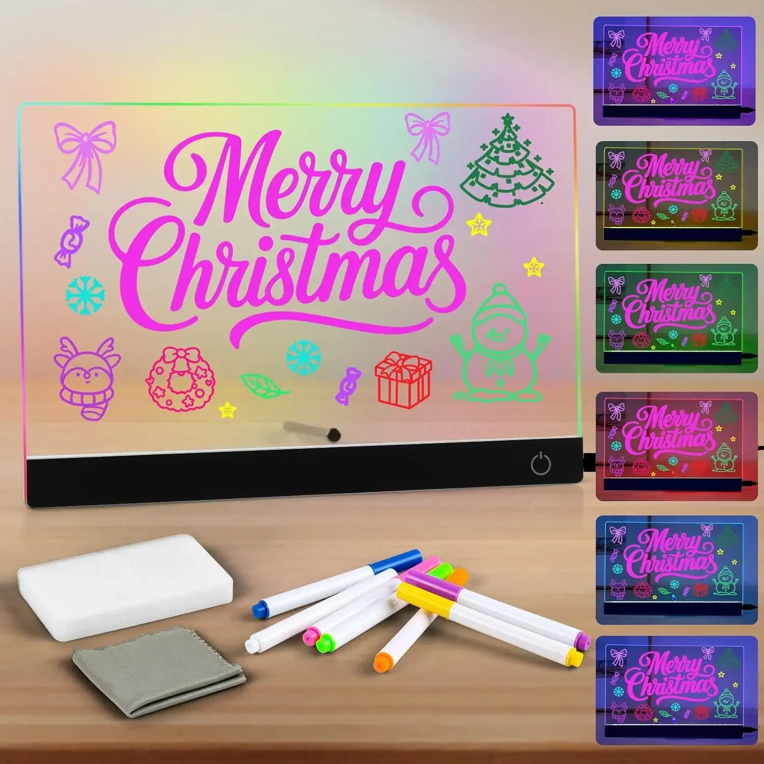 Tableau de dessin lumineux à LED pour enfants, 30 x 20 cm, tableau d’affichage en acrylique avec 7 marqueurs lumineux, 4 modes d’éclairage et 2 supports pour une activité créative.