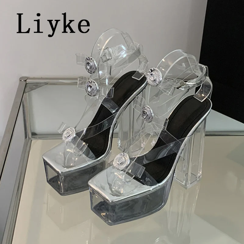 Liyke marca moda fibbia in metallo Bowknot donna sandali trasparenti Sexy punta quadrata Pole Dance tacchi alti piattaforma scarpe grosse