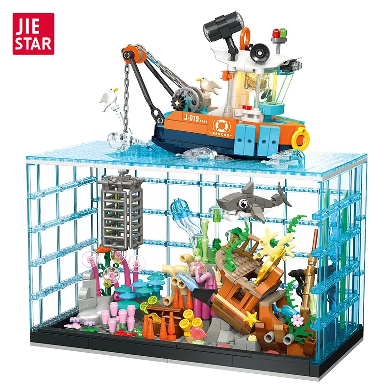 Moc mergulho aventura tanque de peixes com luz, blocos de construção, brinquedos para meninos, brinquedos de montagem de quebra-cabeça, presentes modelo atacado