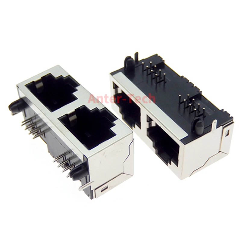 1PCS 1*2 RJ45 metal 16 pin female PCB board jack connector 8P8C crystal header socket 1x2 with/without light network interface