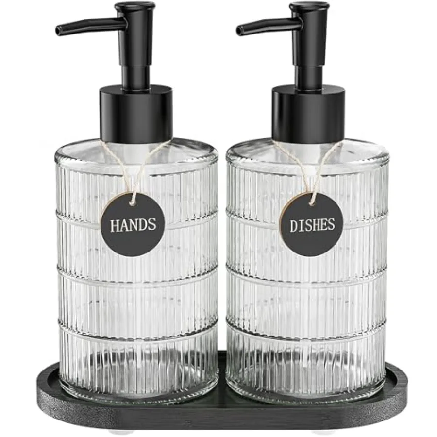 

Soap Dispenser Set with Bamboo Tray, Dish and Hand Soap Lotion Dispenser Set with Wooden Pump for Kitchen and Bathroom Decor fo
