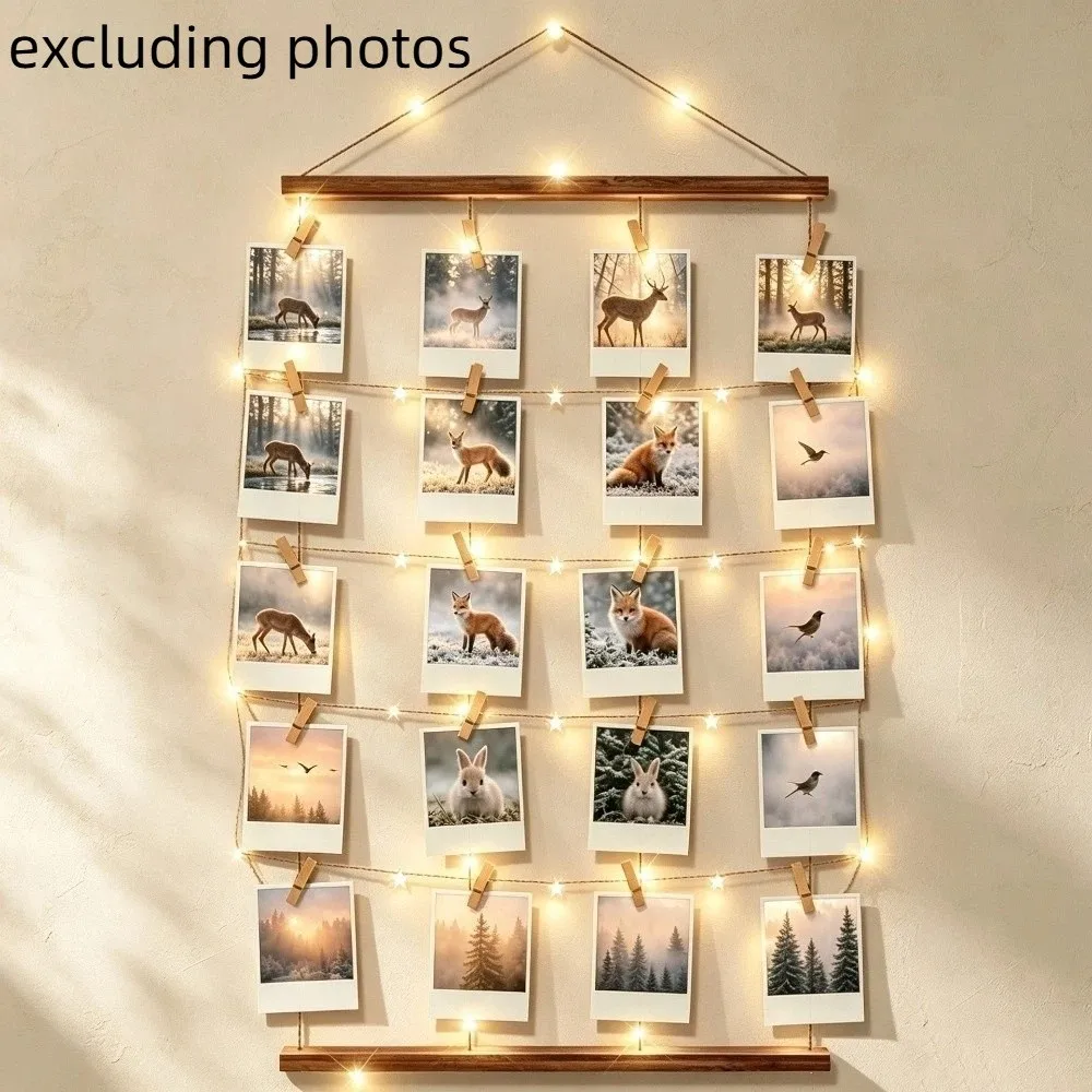 Includes Clips Hanging Photo Display Handcrafted DIY Wooden Hanging Photo Clip Minimalist Decorative Photo Collage Frame