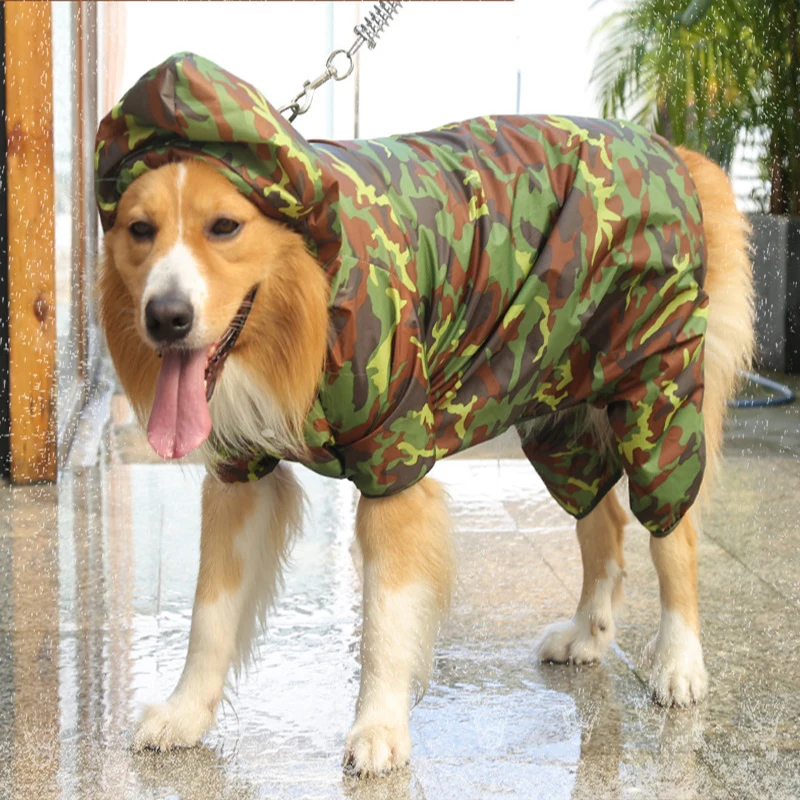 Large Dog Rain Coat with Leash Hole Camouflage Lightweight Rainproof Hoodie Clothes for Golden Retriever Alaskan Malamute Husky