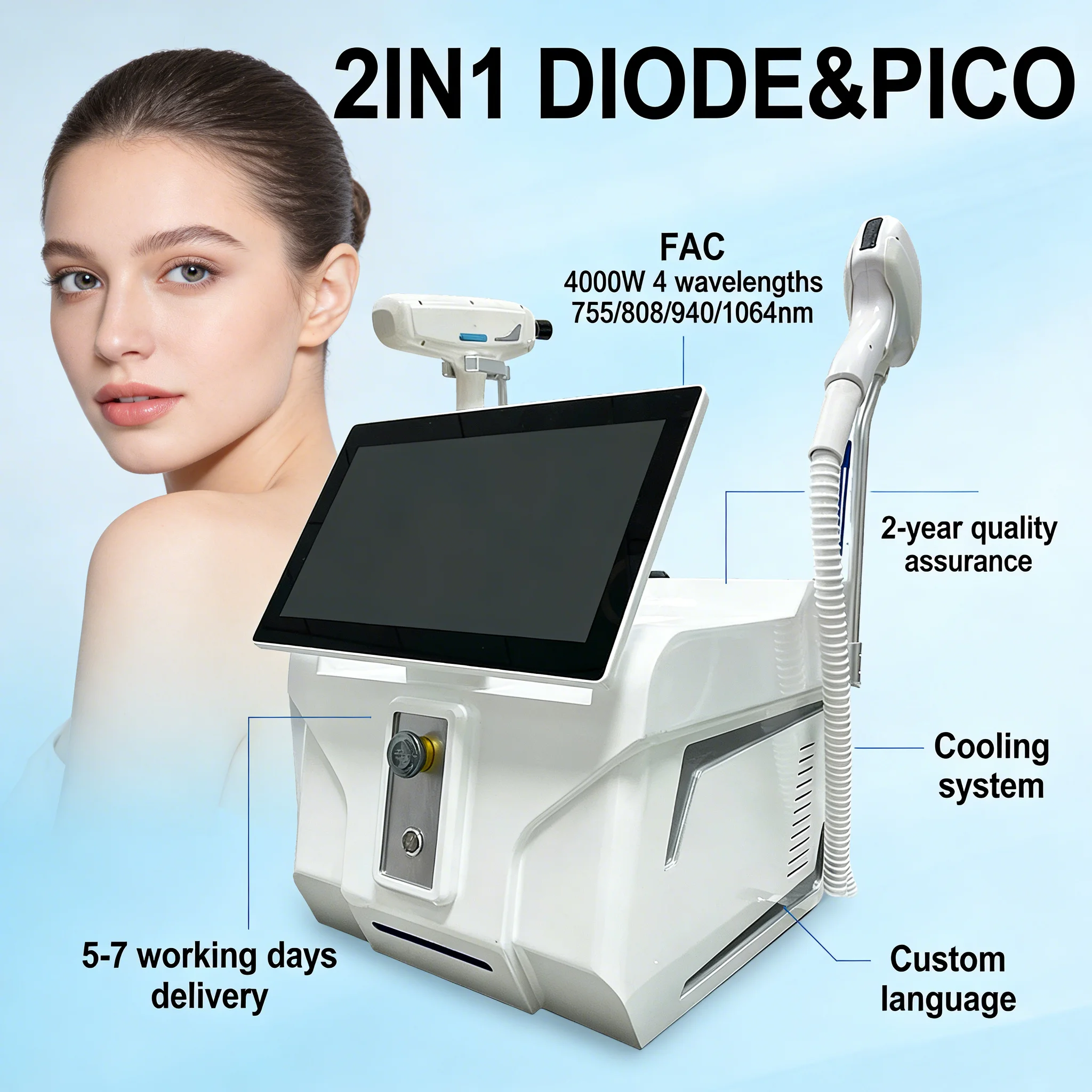 

Диодный лазер Ice Laser 4 длины волны, профессиональный, 808 нм, 2-в-1: для удаления волос и лазерный пикосекундный ND YAG лазер для удаления татуировок, 4000 Вт