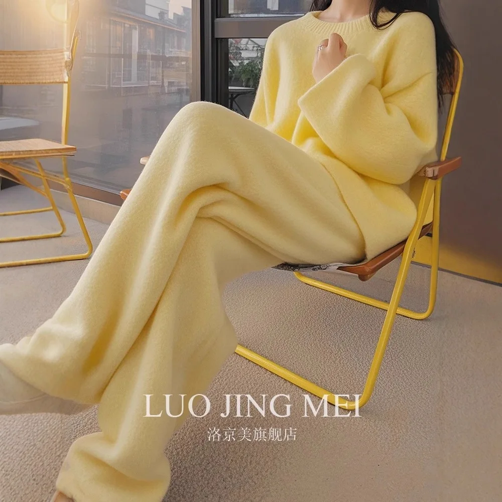 2025 Autumn Winter New Lady Outfit Cozy Knit Sweater Pants Sets 2 Pieces Women Elegant Turtleneck Sweater Wide Leg Trousers