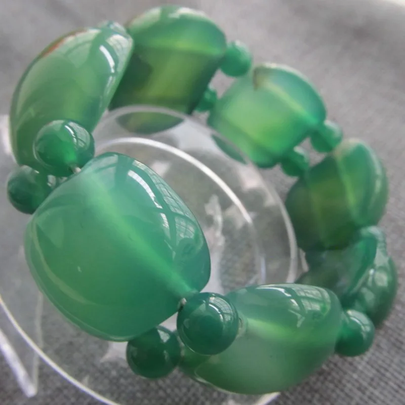 Natural Brazilian Green Chalcedony Agate Bracelet Men's Flat Round Popular Simple Hand String Jewelry