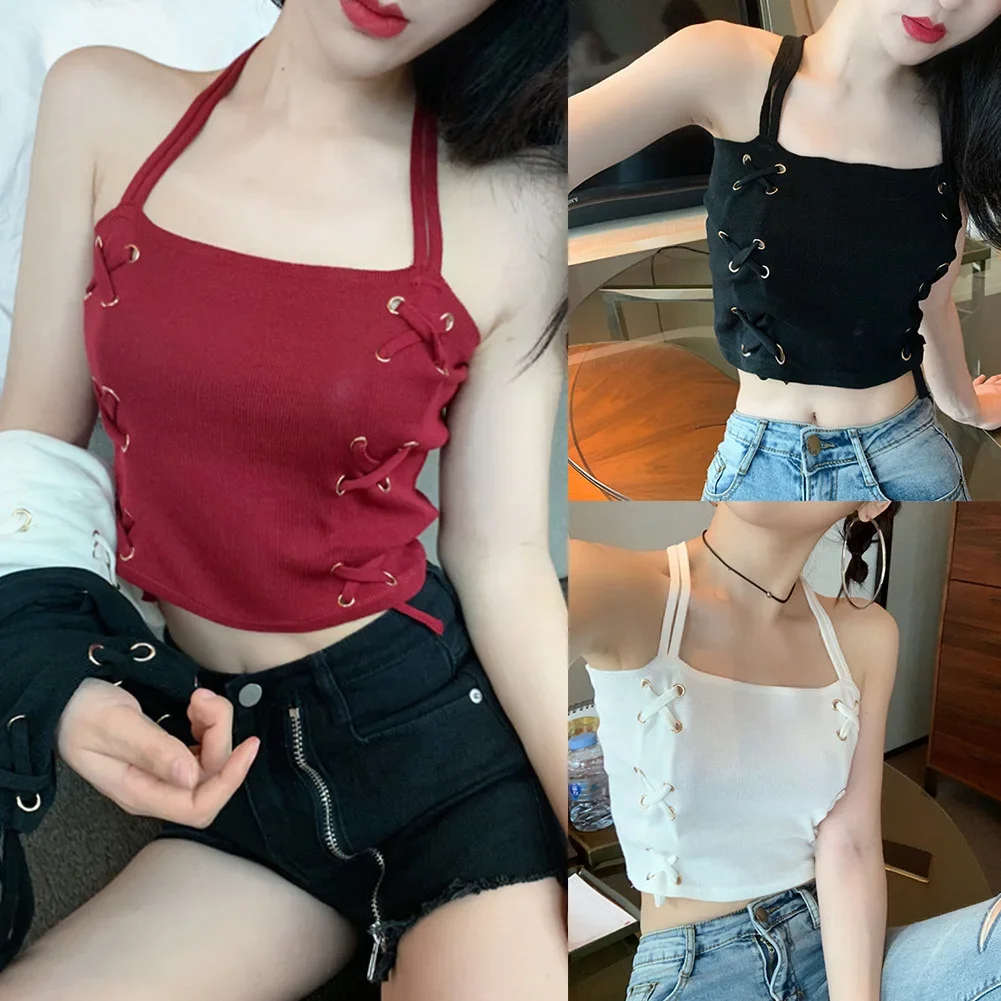 Backless Crop Top Hot Girl Camisole Slightly Elastic Fabric Solid Color Style Suitable For Vacation Applicable For Female