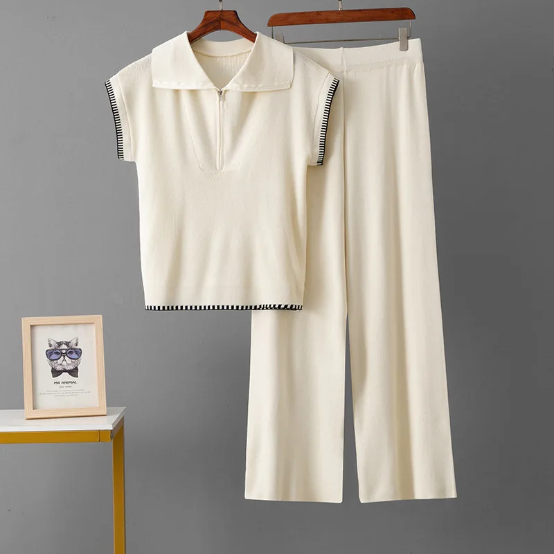 Conjuntos de 2 piezas de punto suelto para mujer, camisetas sin mangas de punto con cuello de solapa, Tops, conjuntos de pantalones rectos de cintura alta, novedad de verano