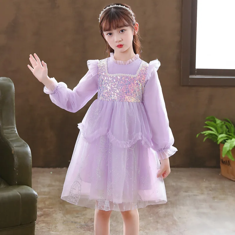 Girls' Sofia Princess Dress Autumn New Stylish Castle Print Tulle Dress Purple Puffy Dress for Girls