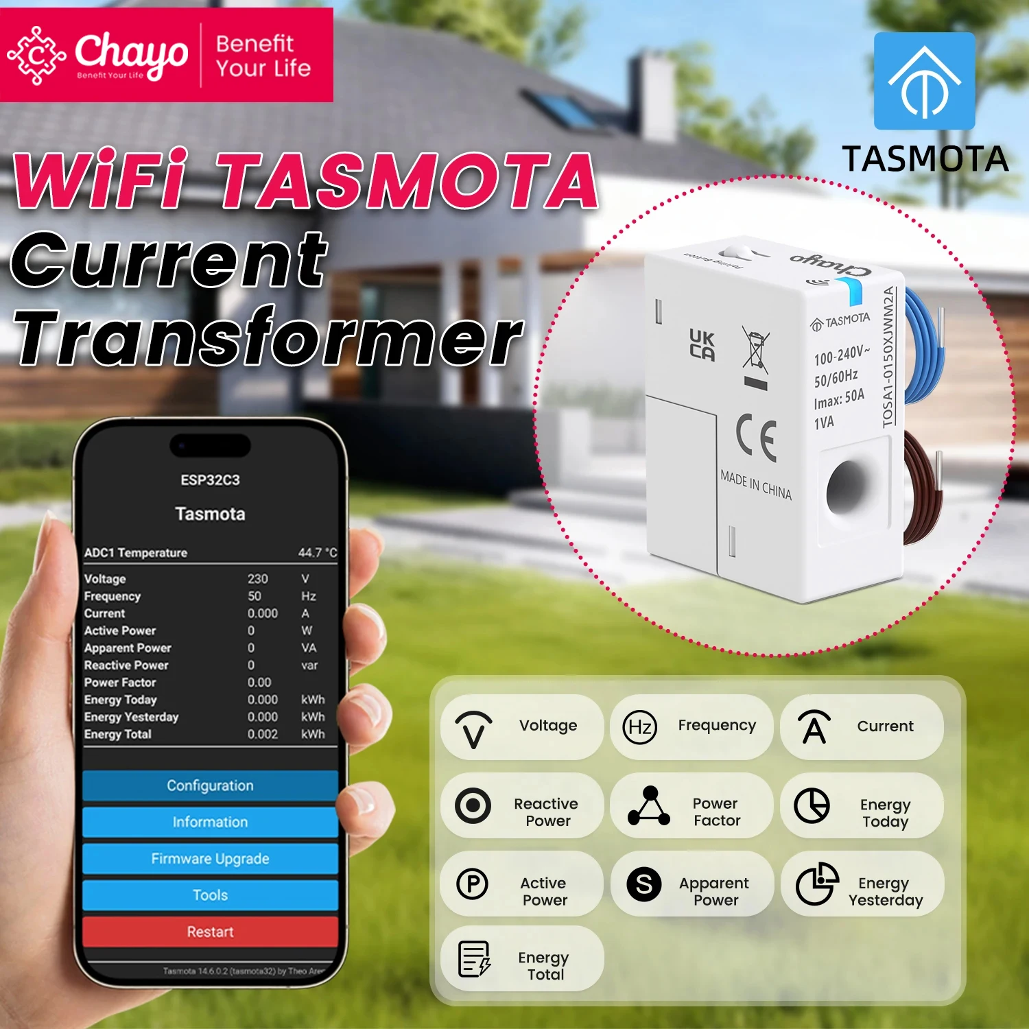 Chayo Tasmota WiFi Smart Energy Meter 1-50A Adjustable Real Time Voltage Current Power Monitor with Timer VA Protection