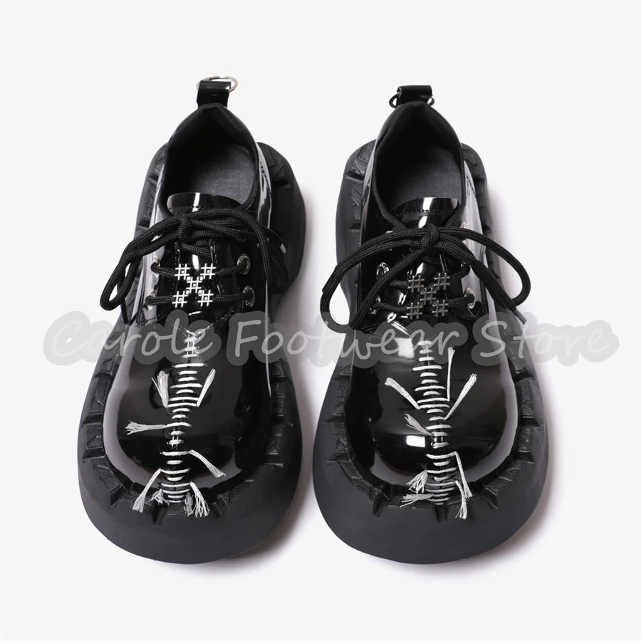 Male Chunky Bottom Heigh Increasing Shoes Gothic Stitch Platform Lace-Up Derby Shoes Black Patent Leather Streetwear Oxfords view 3