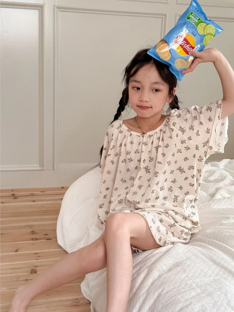 Princess Style Girls Floral Print Short Sleeve Pajamas Set Summer Lightweight Homewear for Air Conditioned Rooms