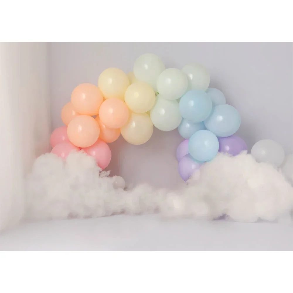 Fondo con temática de globos coloridos para bebé, retrato de niño, pastel Smash, fondo de 1er cumpleaños, decoración de nubes blancas para estudio fotográfico