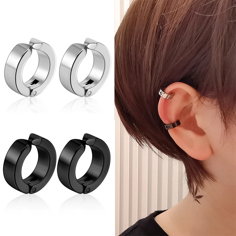 2 Pcs Classic Korean Punk Stainless Steel Ear Clip Earrings for Men Women Black No Pierced Fake Ear Circle New Pop Jewelry image 5