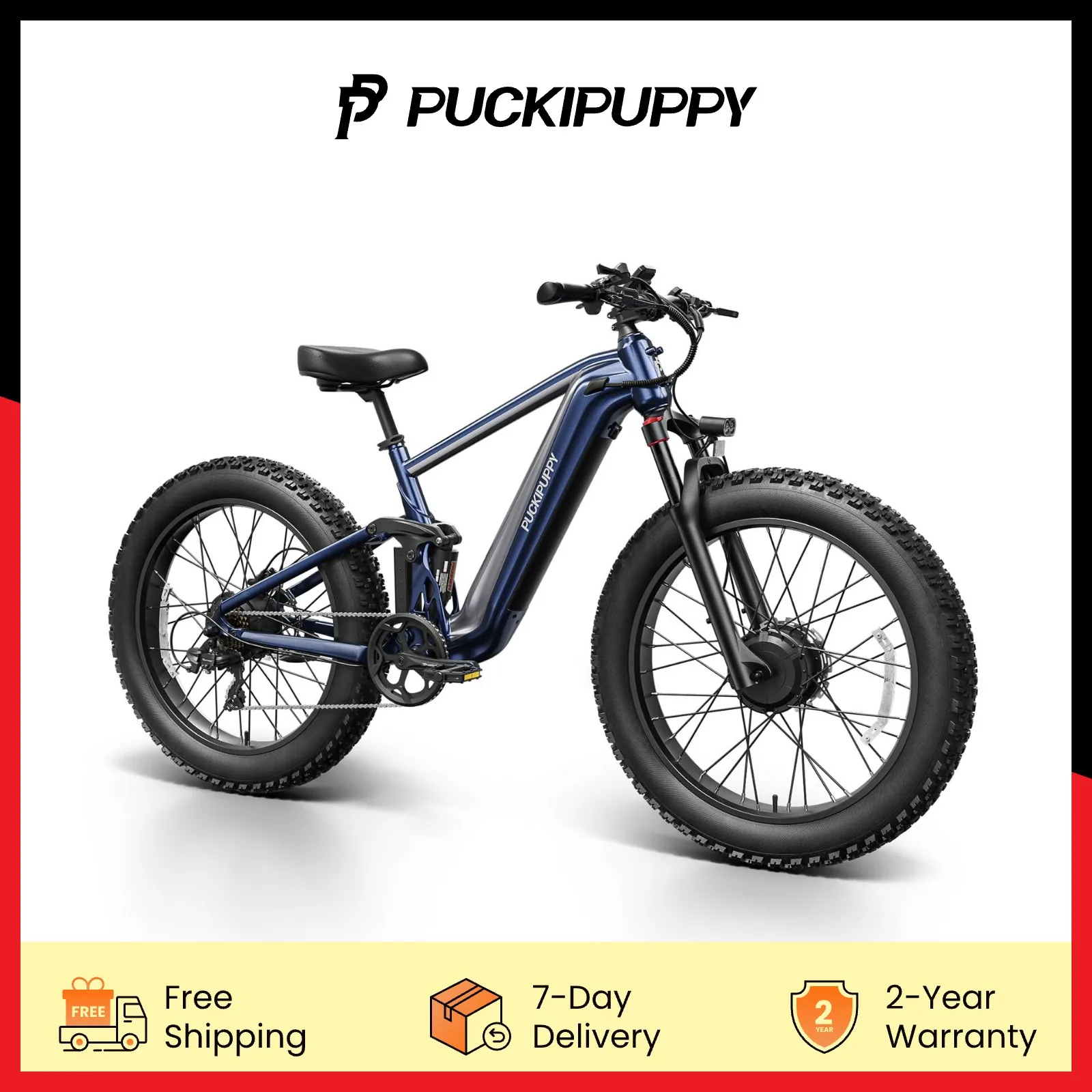 

PUCKIPUPPY Двухмоторный электрический велосипед для взрослых, 1600 Вт, 48 В, 20 Ач, аккумулятор с датчиком крутящего момента, 8 скоростей, 26 дюймов, полная подвеска с толстыми шинами