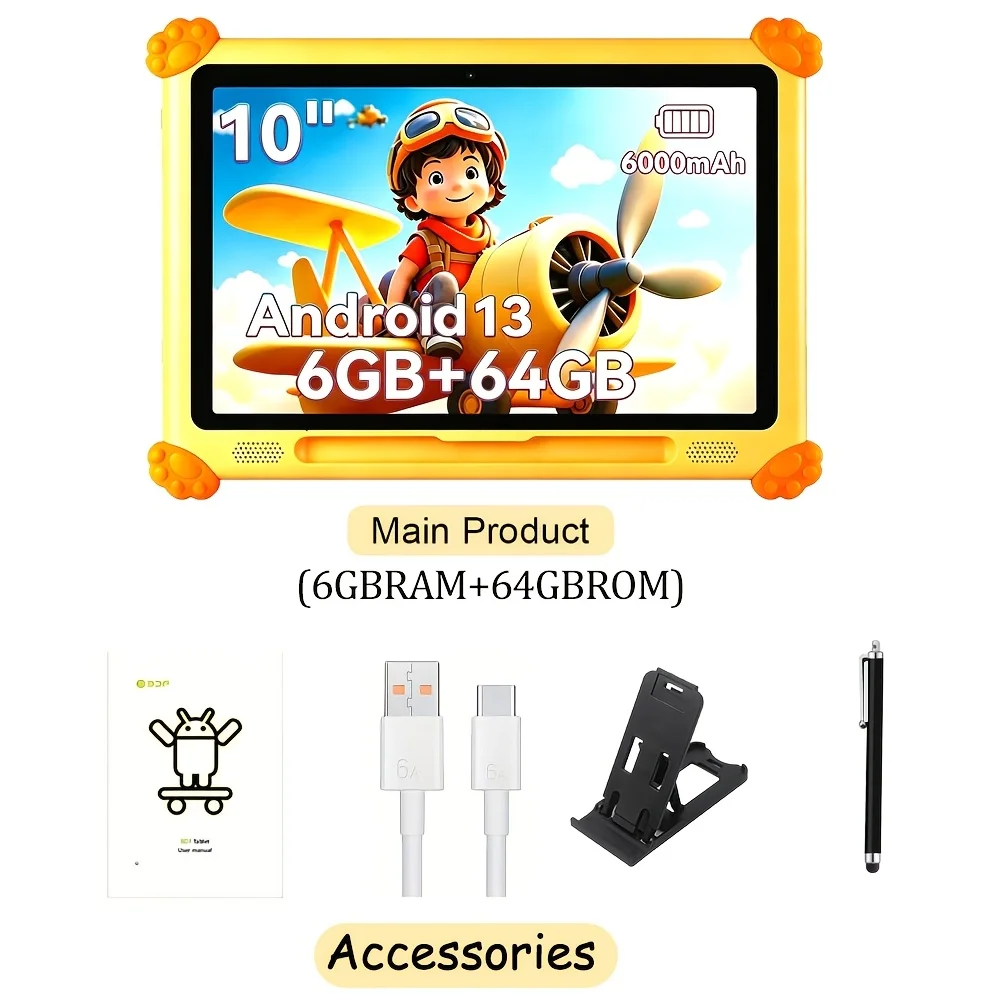 

6GB(3+3)RAM+64GB ROMAndroid 13 Children's tablet, With Cartoon Shock Resistant Design, Eye Protection Screen