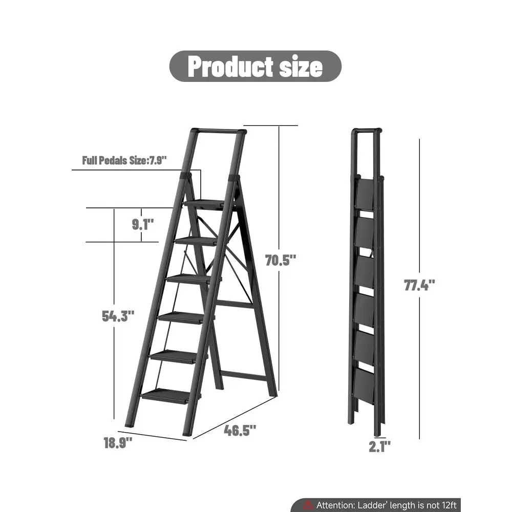 

6 Step Ladder for 12 Feet High Ceiling, Folding Step Stool with Handgrip amp AntiSlip Wide Pedal, Portable Lightweight Aluminum