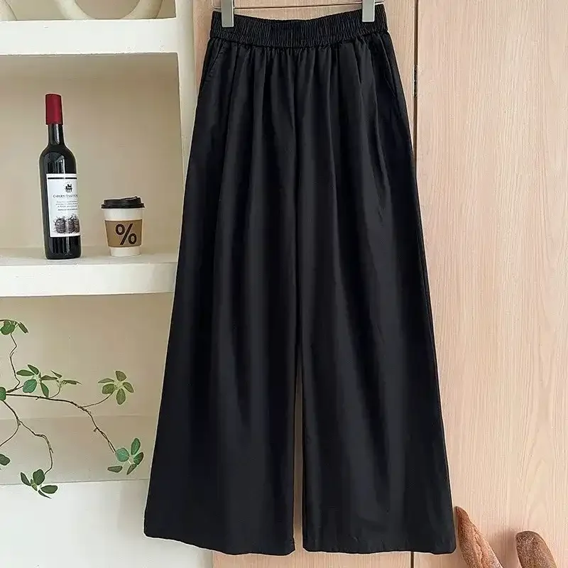 Women Washed Cotton Elastic Waist Wide Leg Pants Summer Loose Slim Fit Korean Casual Trousers Multiple Colors S XL
