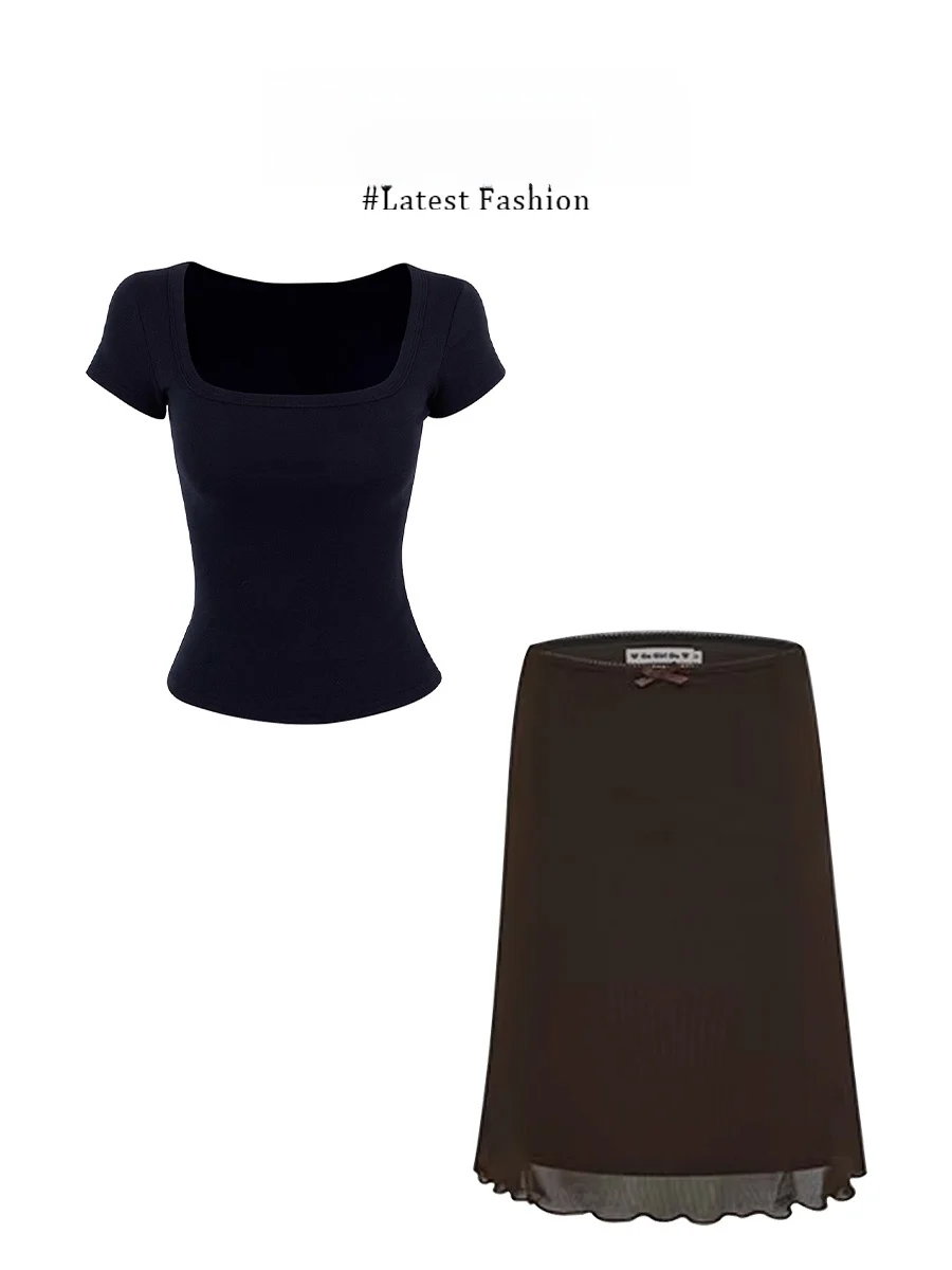 

Parkyeon Summer New Style Elegant Square Collar Short Sleeve Slimming Bodycon Skirt Two Piece Set Versatile Fashionable Women...
