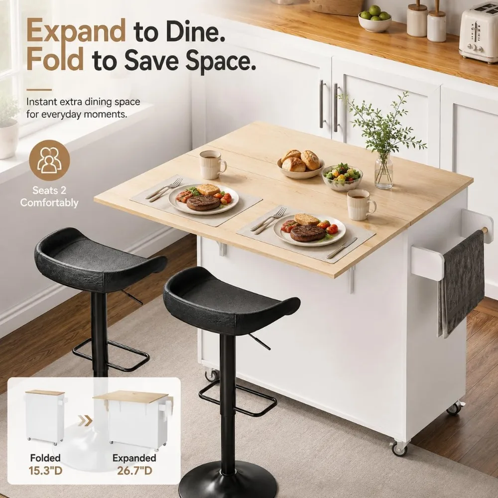 Kitchen Island Table on Wheels with Drop Leaf, 47.25