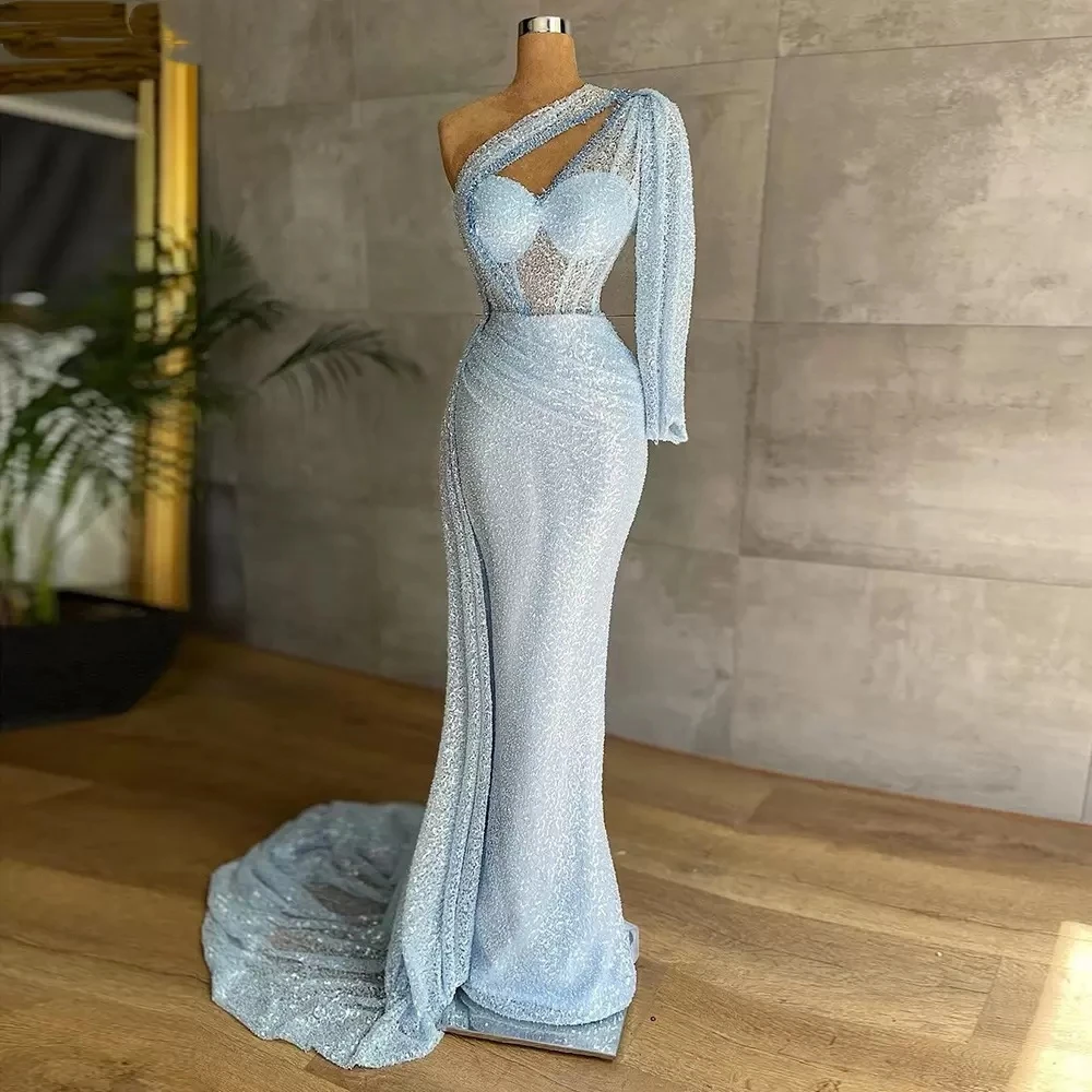 Sky Blue Mermaid Prom Dresses 2025 แขนยาวลูกไม้เลื่อมเลื่อมแฟชั่นชุดราตรี Gowns อย่างเป็นทางการอาหรับดูไบ Robe De Soiree