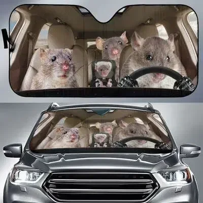 Funny Rat Family parasole per Auto con guida a sinistra, ratti di famiglia divertenti che guidano parasole automatico, Idea regalo per la decorazione dell'auto amante dei topi,