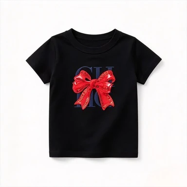 2026 Kids Cotton T Shirt Cute Shiny Red Bow Graphic Print Short Sleeve Crew Neck Tee Girls Sweet Casual Daily Summer Wear Top