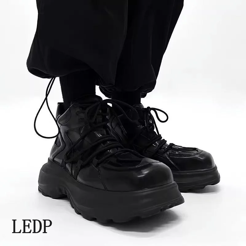 LEDP Brand Casual Men's Board Shoes Thick Sole Increase Fashion Autumn and Winter 2024 New Wear-resistant Cross Strap