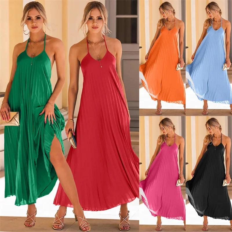 

Summer Beach Pleated Strapless Dress Ladies Solid Color Cool Loose Hanging Neck Dress