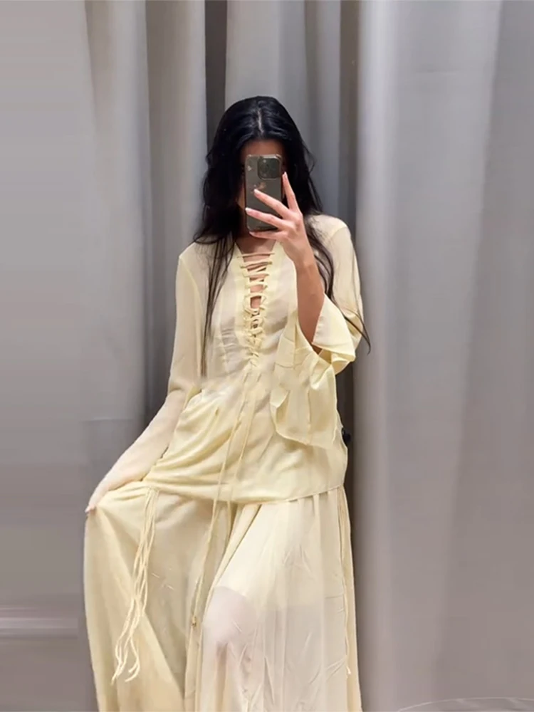 

Elegant Lace Up Shirt Skirt 2pcs Women Sets Loose V-neck Waist-cicing Ruffle Shirts With Long Skirts Lady Summer Chic Outfits