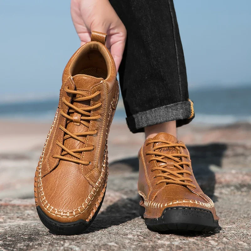 Spring Autumn New Plus Size Men Ankle Boots, Mid-top Lace-up Hand Stitched Casual Leather Shoes, Flat Sole Outdoor Leather Boots
