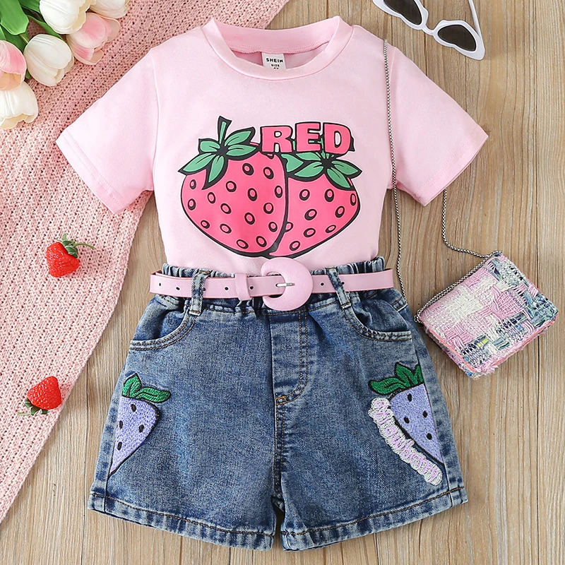 New 2-6 Years Summer Girls Clothing Set Cartoon Strawberry T-shirt + Short Jeans 2Pcs Suit For Kids Children Birthday Present