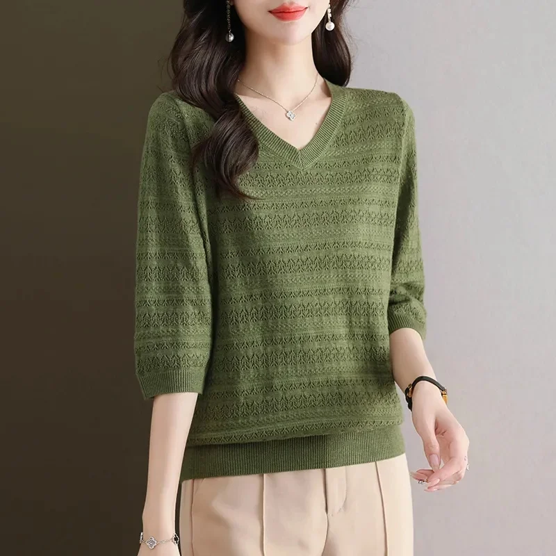 

Women Knitting Pullover Sweater Spring Summer Ice Silk Hollowing Out Ladies T-shirt Loose Korean Version Versatile Femme Jumper