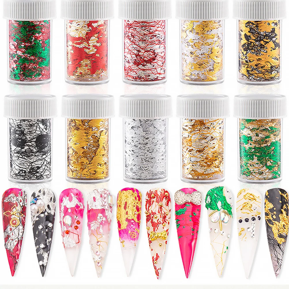 

10pcs Nail Sticker Colorful Mesh Decal Sparkling Foil Design Girlish Nail Art Women Manicure Tin Sticker Beautiful Decor