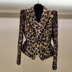 2024 Spring Autumn Blazer Vintage Leopard Print Suit Jacket Women Short Jackets Fashion Double-Breasted Coat Outwear Female