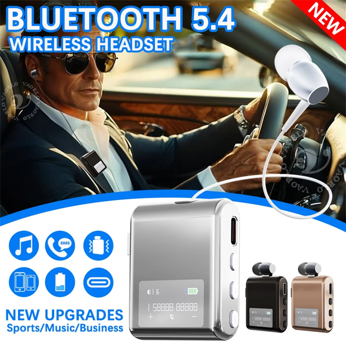 

Bluetooth 5.4 Lavalier Business Talk/Music Headset LCD Digital Display Wireless Driving Meeting Earbuds Mic Voice Call Report
