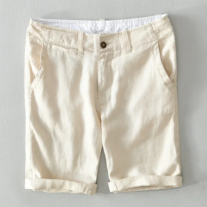 Shorts de linho puro masculino, shorts de praia casual, férias, plus size, nova moda, verão, 100%, Y2894