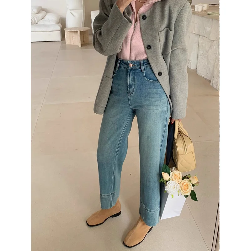 Korean style High-waisted retro jeans women's winter new velvet loose and thin fashion straight wide-leg nine-point pants