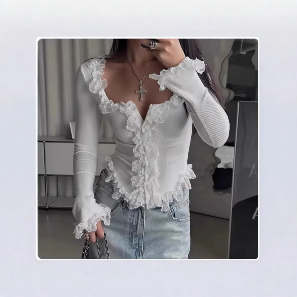 Knitted Top Women Pullover Knitting T Shirt Slim Sexy Lace Ruffles Jumper Tops Autumn Winter 2025 Casual Office Lady Knitwear - Image 5