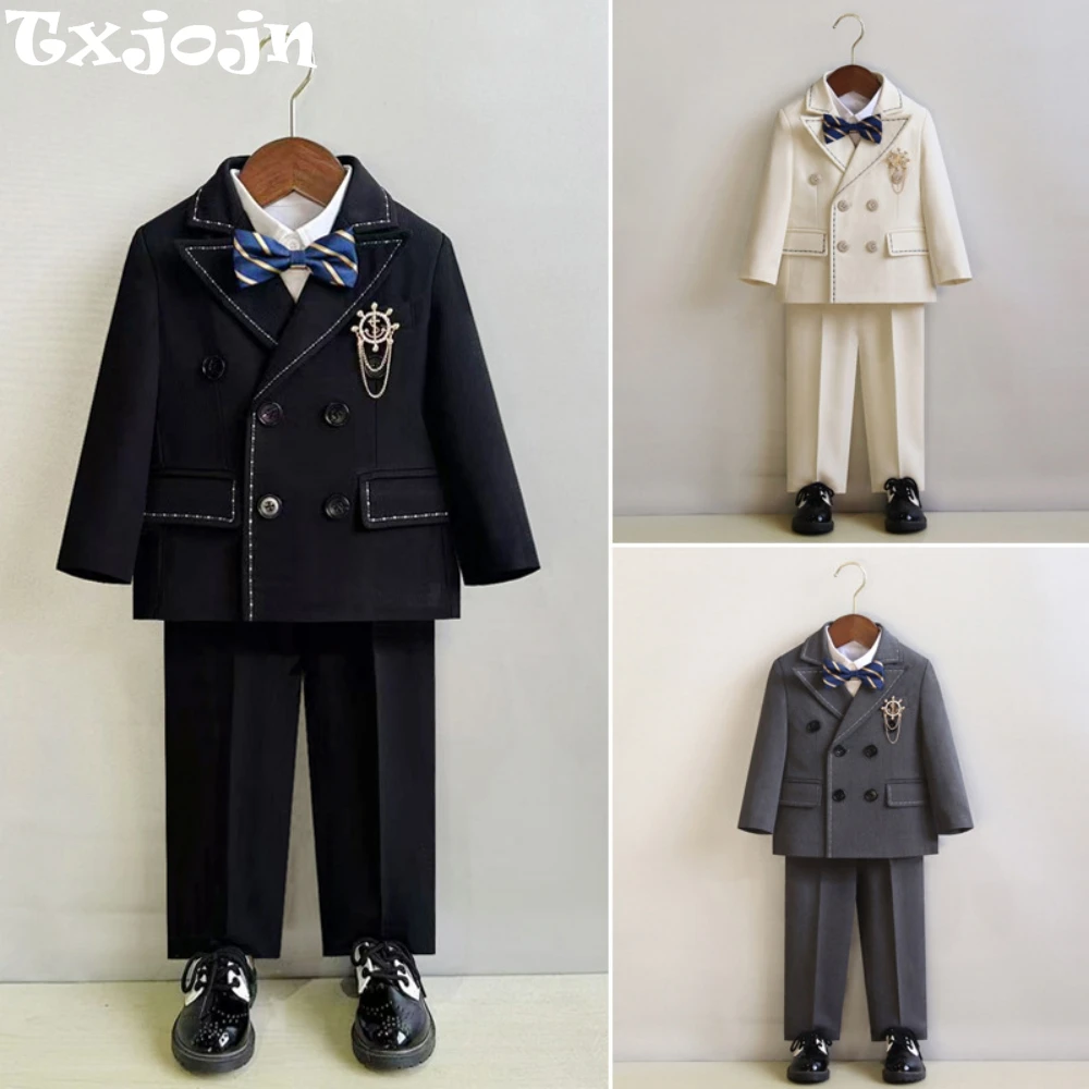 Fast Delivery Kids Suits 5 Pieces Jacket Vest Pants With Bow-tie Brooch,Boys Handsome Back-to-school Suit Set Party Tuxedo