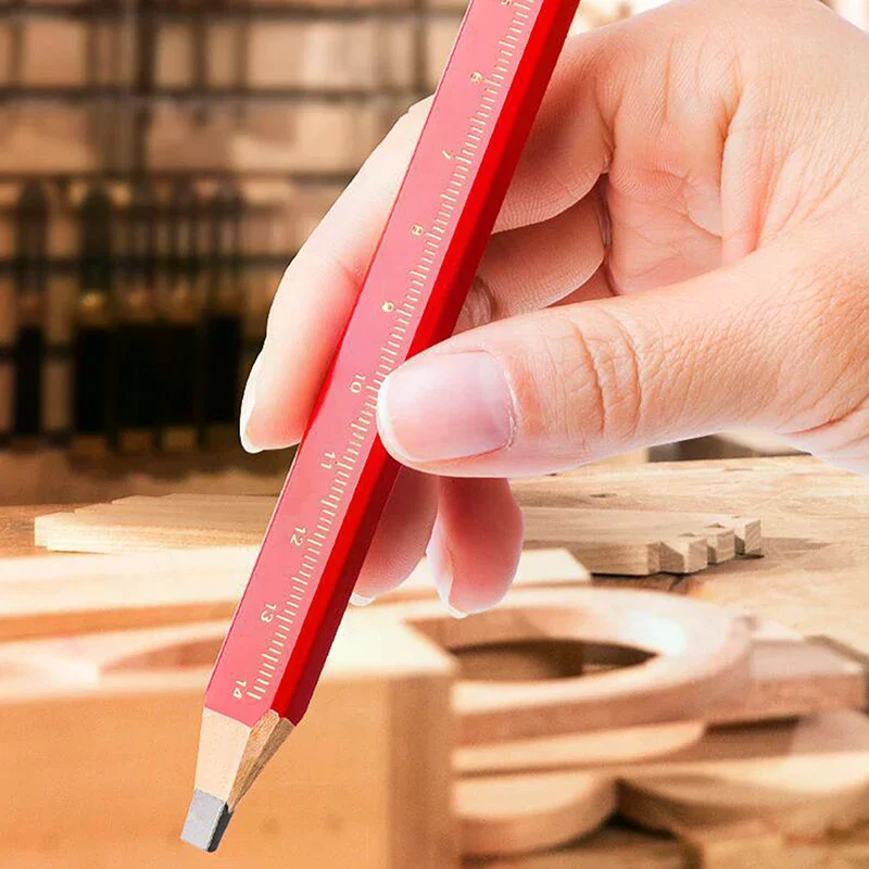Elliptical Woodworking Pencils With Scale Flat Mark Pencils Black/Red Thick Core Hand Tool DIY Accessories 12PCS