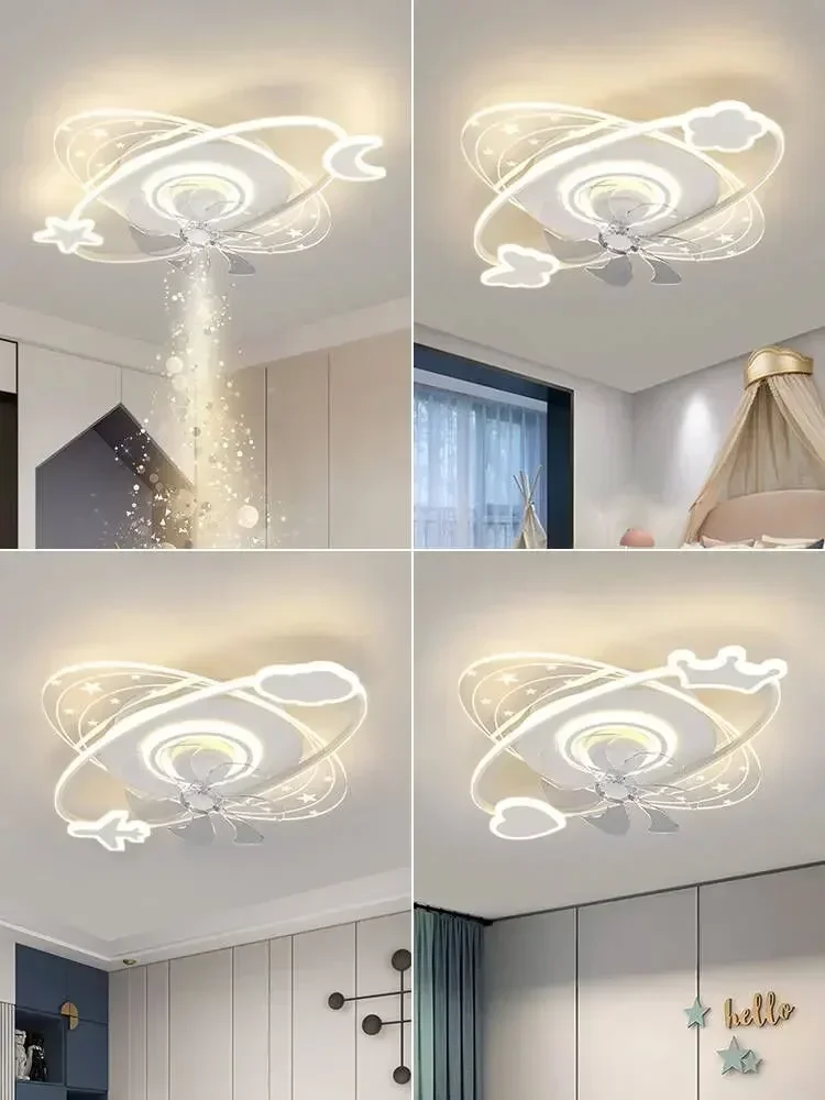 Luz de ventilador para habitación de niños, corona de dibujos animados nórdicos, luz de techo para habitación de princesa, ventilador silencioso con cabezal móvil, luz led integrada de 220V