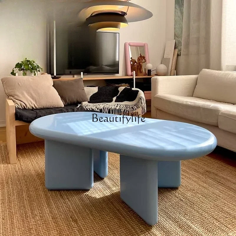 

02Simple cream style creative oval solid wood home living room coffee table