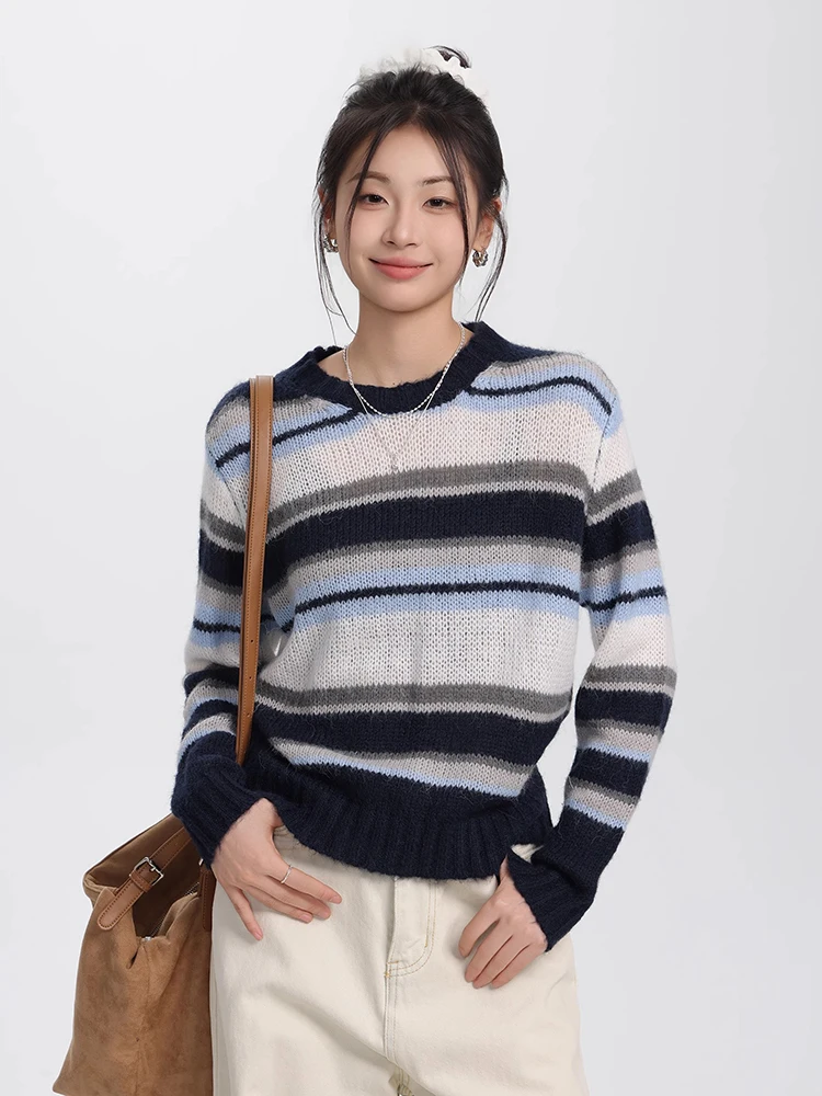 Fashion Loose Retro Striped Knitted Sweater Autumn O-Neck Casual Jumpers Y2K Design Sense Niche Long Sleeve Sweater